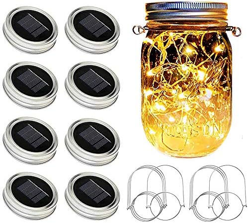 Sunkite Solar Mason Jar Lights [ažurirano], 8 pakovanja 20 LED vodootpornih Fairy Firefly Jar poklopaca žičana svjetla sa vješalicama,