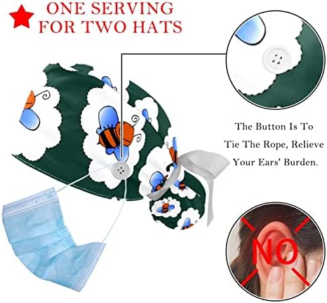 Medicinske kape za žene sa tipkama Duga kosa, 2 komada podesiva radna kapa, zelena pčela životinja