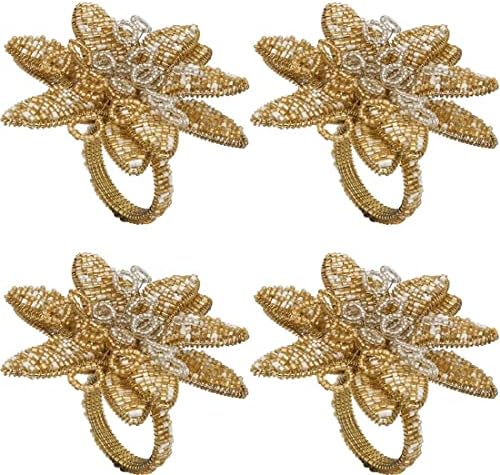 Fennco Styles ručno perlettia metalni prstenovi za metal ubrus, set od 4 - zlatni cvjetni ukrasni držači za ubrus za kuću, blagovaonicu,