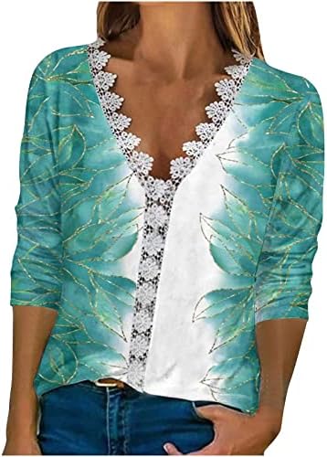 Žene ljetne elegantne majice V izrez Crochet čipke Košulje Cvjetni print 3/4 rukava Tee vrhovi 2023 casual bluze