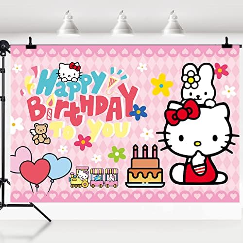 5x3ft Pink Cartoon Cat Happy Birthday Banner, ukrasi za potrepštine za slatke mačiće, Kawaii tematske fotografije pozadinske dekoracije