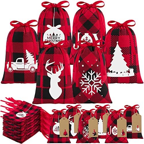 MIMIND 24 komada Božić poklon torbe Buffalo Plaid vezice torbe predstavlja pakovanje torbe 4.3 x 5.9 inčni šećerna vuna torbe Božić