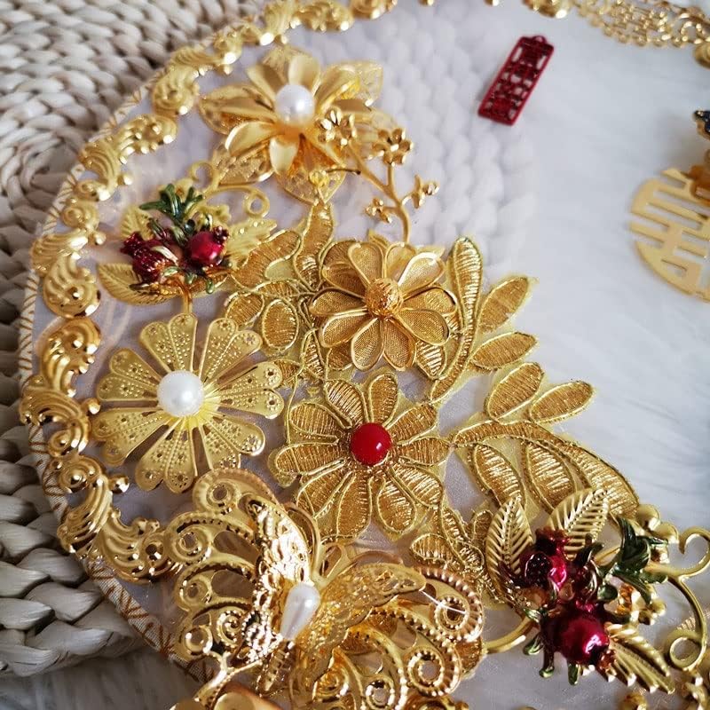 YCFBH Zlatni kineski stil mokraćni buket umjetni cvjetovi vjenčani ventilator Pearl Kristalna pletena ventilator mladenke