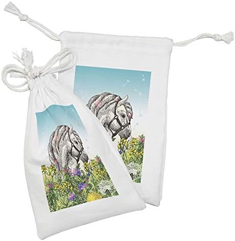 Lunadljiva proljetna tkanina set od 2, ručno crtano konja u cvjetnoj livadi ispašu cvijeće cvijeća životinja idilična, mala torba