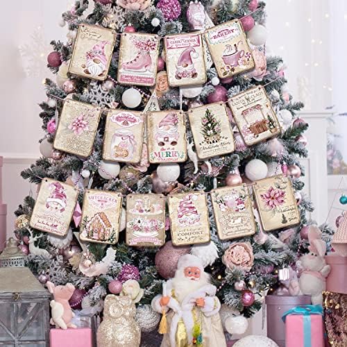 Ružičasta božićna dekoracija-vintage stil gnome medjurska kuća Viseća banner zarezivanje za kućni kamin Božićni odmor Sretna novogodišnja