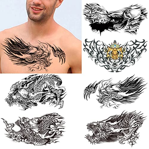 Thapro Dragon Privremena tetovaža za muškarce, 6-pakovanje velikih realističnih naljepnica za tattoa za leđa na boksu, dugotrajne