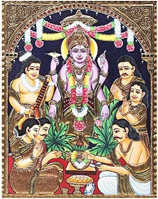 Egzotična Indija 15 x 18 Lord Vishnu Tanjore slika / tradicionalne boje sa 24k zlatom / okvir Teakwood / zlato &