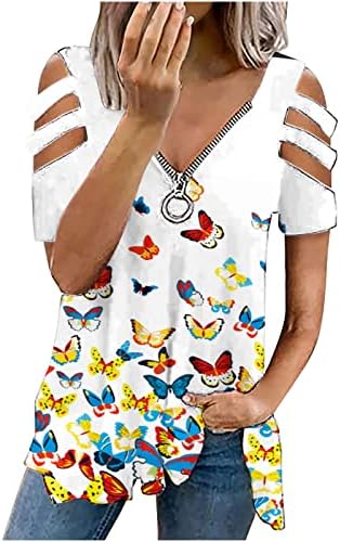 Ljetna majica za žene sa zatvaračem V vrat hladne naramenice Tees cvjetna štampana labava bluza tunike za tajice