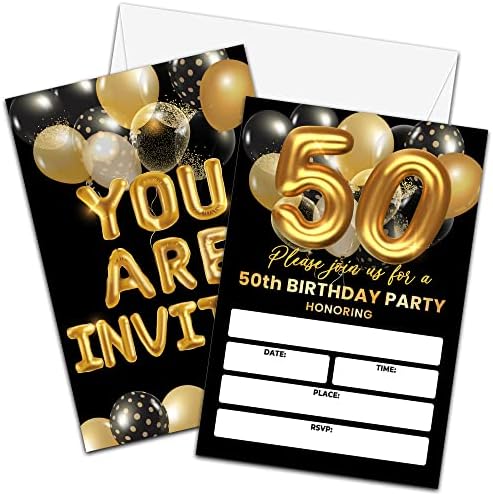 Karte za rođendan 50. rođendana, crno-zlatni za rođendanski poziv, dvostrano zlatno folija balon za ispune pozivnice za muškarce /