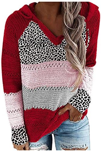 Ženski džemperi Modni Leopard Patchwork V-izrez dugih rukava s kapuljačom džemper bluza vrhova pulover