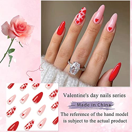 Valentinovo Press na noktima srednje dužine badem lažni nokti akril francuski vrh akril nokti Pink Heart Shape Exquisite Full Cover
