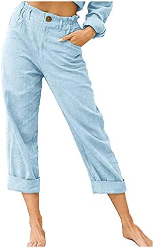 Ženske pamučne posteljine kapri hlače, ljeto odijevanje casual širokoj nozi palazzo joga capris ravne prednje pantalone sa džepovima