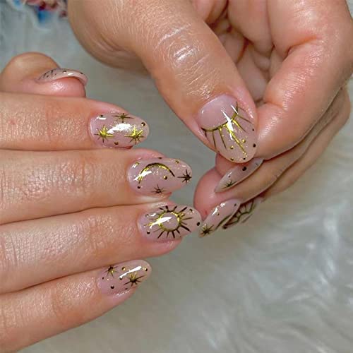 MISUD kratka presa na noktima okrugli lažni nokti ružičasti Ovalni akrilni nokti Bling sjajni lepak na noktima Gold Star i Moon Designs