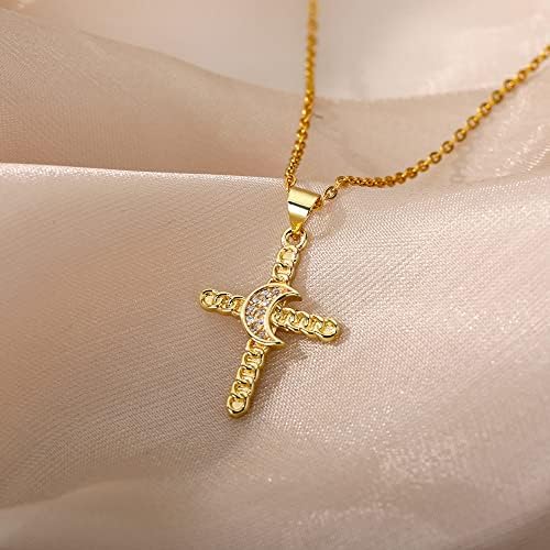 Imtstore šareni krst Cirkon ogrlica za žene zlato mjesec kristalni krst privjesak ogrlice VIntage Jewerly-mjesec Cross-45cm