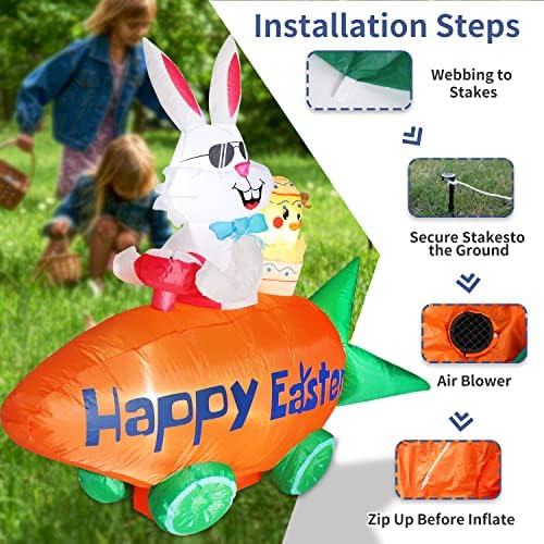 Ruirarci Happy Easter Bunny Radish Ukrasi sa LED svjetlima 6ft Carrot Car i zec puše ukrase dvorišta za unutarnju vanjsku za odmor,