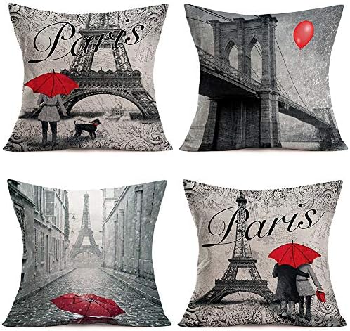 HOPYER 4PCS Romantična Europa London Paris Valentinovo Jastuk navlake Pamuk Linen Lover Dog Crveni kišobran Eiffel Tower London Bridge