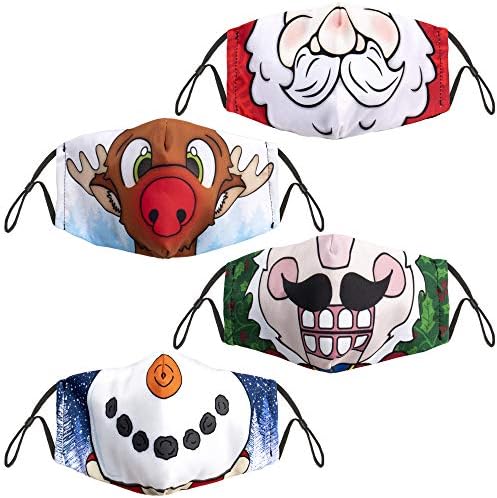 Hauntlook - Dječje pamučno maska ​​za višekratnu upotrebu sa džepom filtra - Božićne maske - Santa Claus, Rudolph Red nos-letelica, Nutcracker i Frosty The Snowmen Holiday maska ​​- 4 pakovanje
