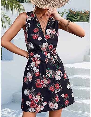 Ženska haljina ljeta V izrez cvjetni printer bez rukava bez rukava mini sandress haljine za odmor na plaži sa pojasom