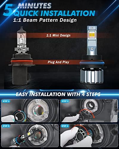 ROJERDERY 9007 / HB5 LED Sijalice, 60W 6000K hladno bijele LED sijalice za duga i kratka svjetla, Brza instalacija komplet za konverziju