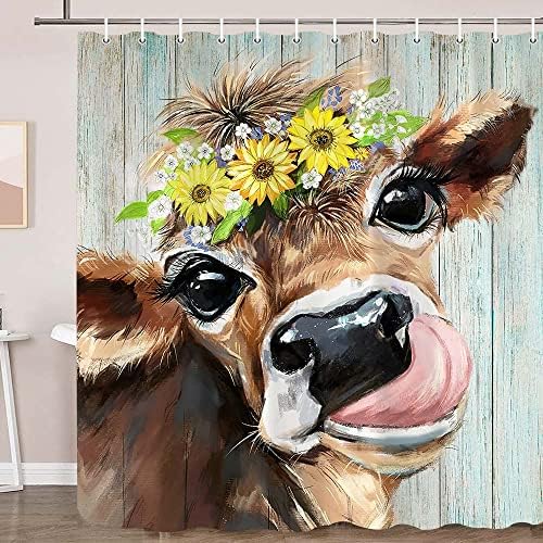 Hajmsug krava za zavjese, seoska kuća akvarel goveda na farmi životinjski suncokret kupaonica rustikalna teal drvena zabava vodootporna