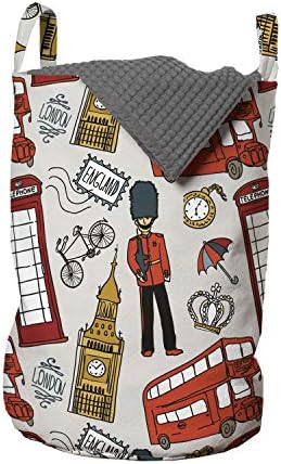 Ambesonne London torba za pranje veša, doodle English Crown London taksi telefonska govornica sat Big Ben Umbrella Bicycle, korpa