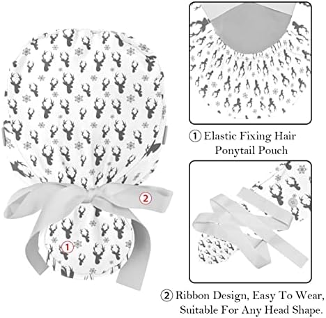 2 Pakovanja hirurške kapa s duksevima, prozračnim bouffam šeširi duga kosa, podesiva medicinska sestra CHAPS Raindeer uzorak