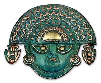 Novica Dekorativna arheološka bakrena i brončana maska, zelena, AI APAEC sa ritualnom krunom