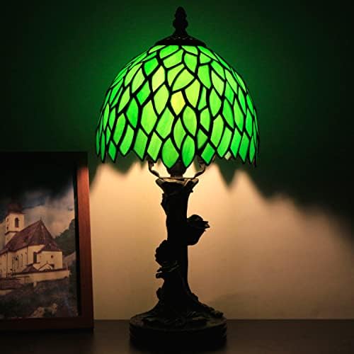 RHLAMPS Mini Tiffany lampa W8H15 inčna Mini Vitražna stolna lampa u stilu zelenog lista sa bazom od smole od ruže Bronze