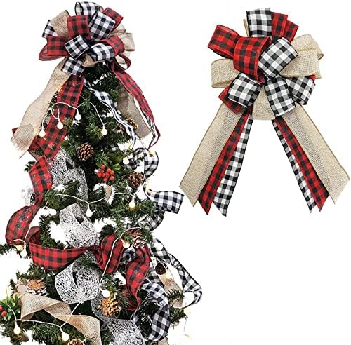 Božićno stablo Veliki bivolo plairani burlap crveni i crni poklon luk za Xmas Tree Handmade Holiday Dekoracije Papir Viseći ukrasi