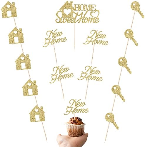 Kaoenla Sweet Home Cupcake Decoration-Zlatni sjaj 16 komada Kućni dijelovi za torte Dekoracija za kućne poklone Nova kuća Dekoracija torte Sweet Home Home Novo uređenje torte za kućne zabave