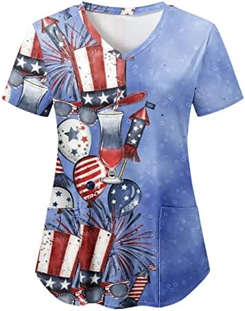 4. jula Tshirt za žene ljetni kratki rukav V vrat Tshirt sa 2 džepa američka zastava radna odjeća Holiday Casual bluza Top