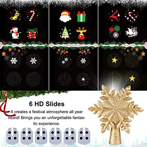 Topper božićnog drva Glittery Gold Paflake TEXPER ima 6 HD slajdova 3D uzoraka visoke rezolucije, LED rotirajuće snježne pahulje,