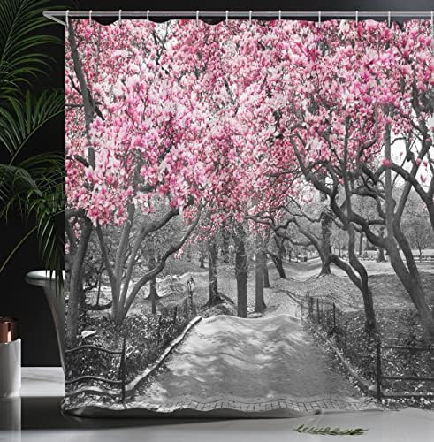 Ambesonne NYC zavjesa za tuširanje, cvjetovi u centralnom parku Landscape Cherry Trees Forest Proljetna sezona slika, tkanina od tkanine